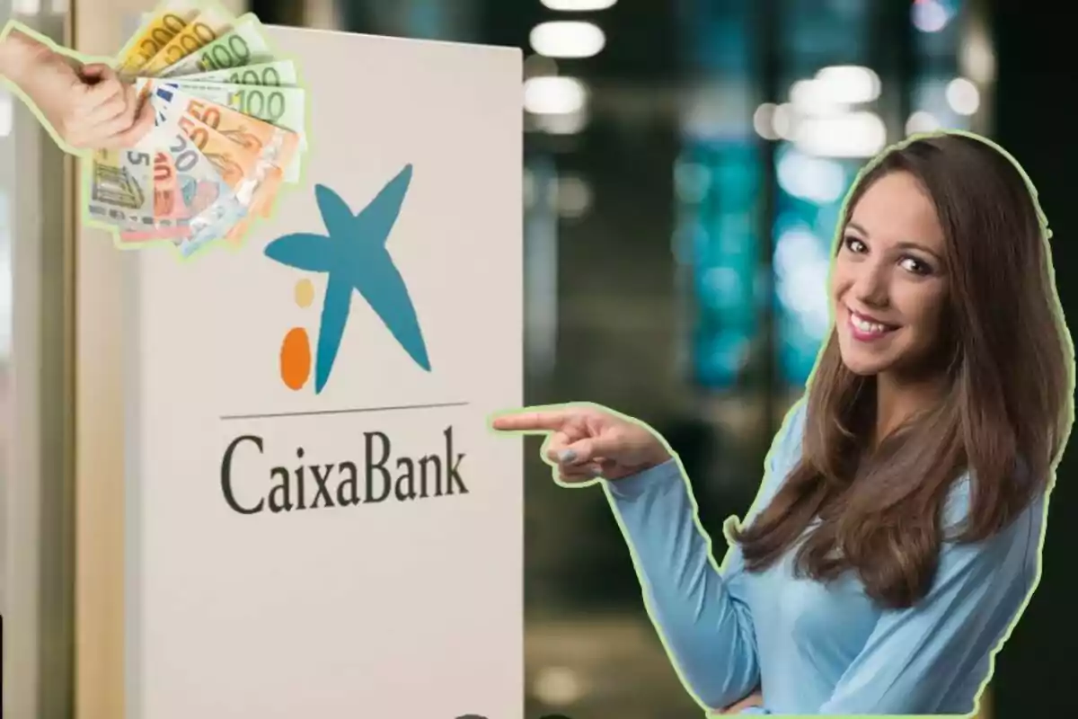 Una dona somrient assenyala un cartell de CaixaBank mentre una mà sosté diversos bitllets d?euro.