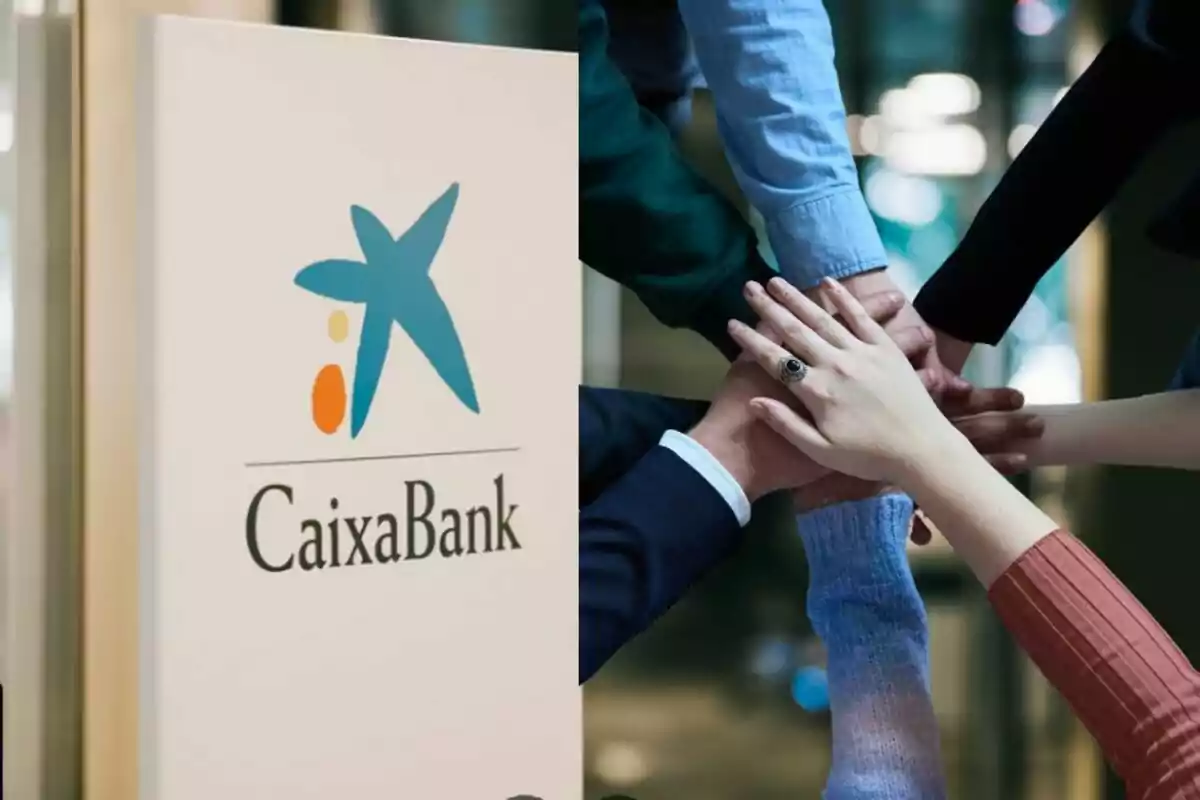 Un cartell de CaixaBank amb un grup de persones unint les mans en senyal de col·laboració.