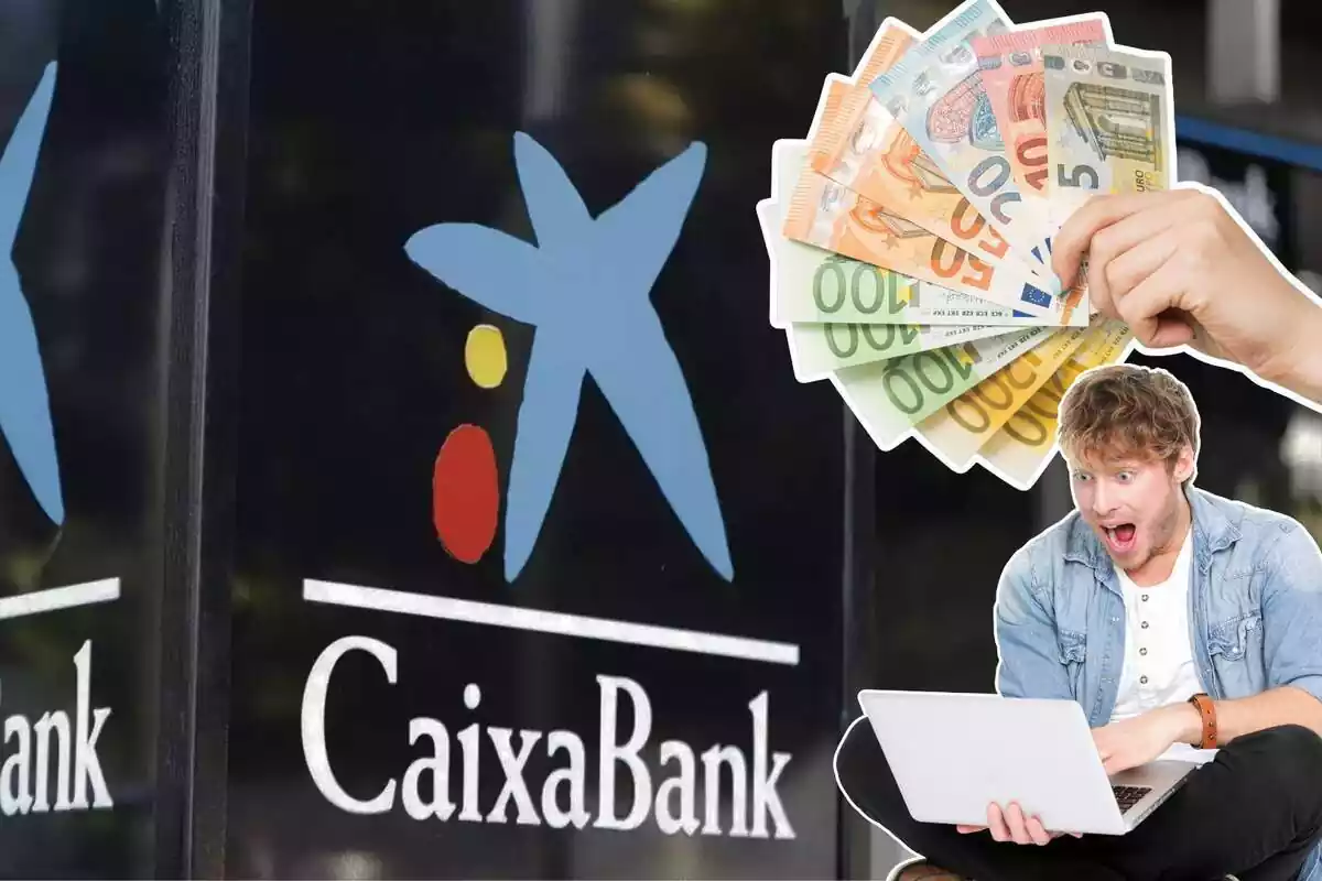 Imatge de fons d'unes oficines CaixaBank amb el seu logotip i dues imatges més, una d'una mà amb bitllets d'euros i una altra d'un home amb gest sorprès i un portàtil al davant