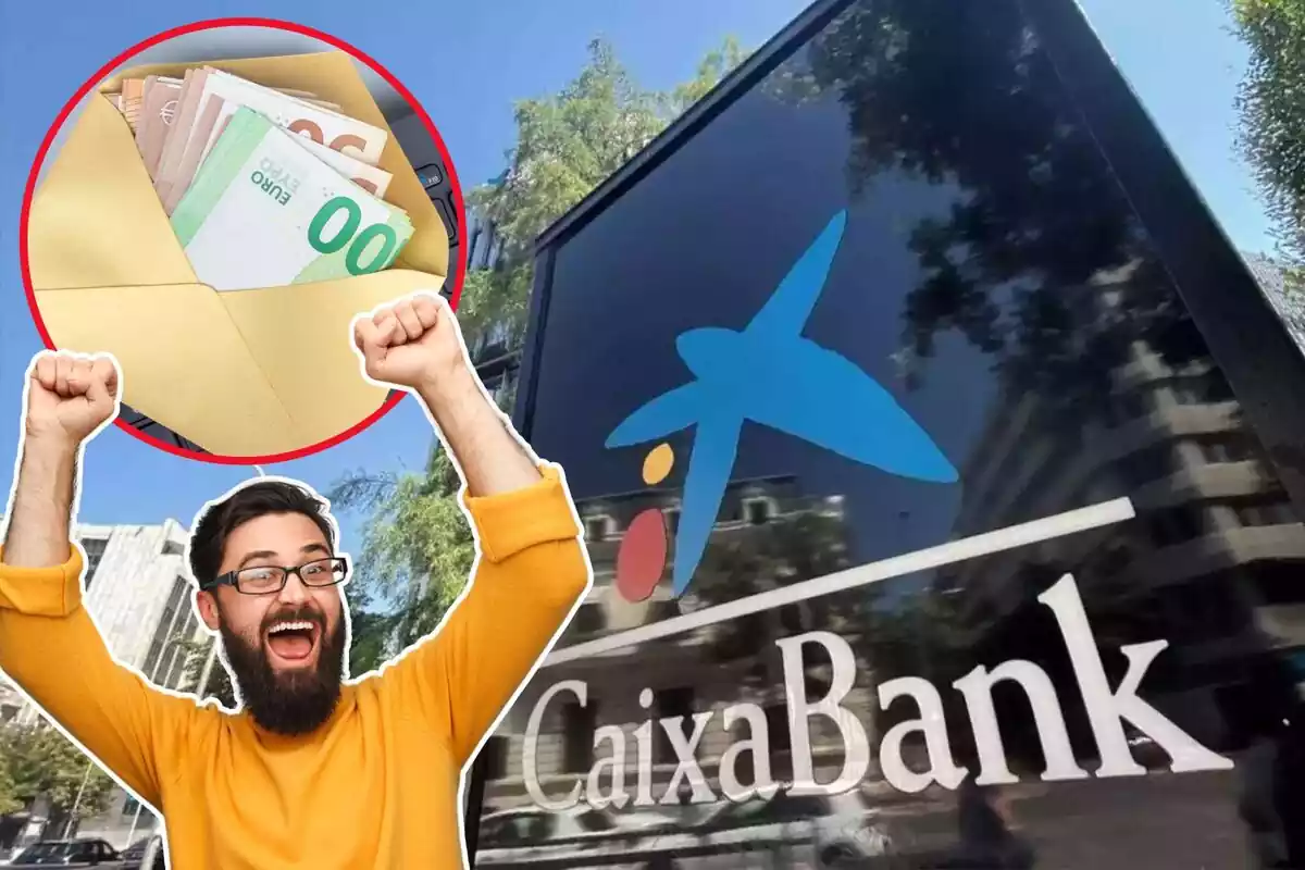 Imatge de fons d'unes oficines de CaixaBank, amb el seu logotip, juntament amb una imatge d'un home celebrant i un sobre amb diversos bitllets d'euros a dins
