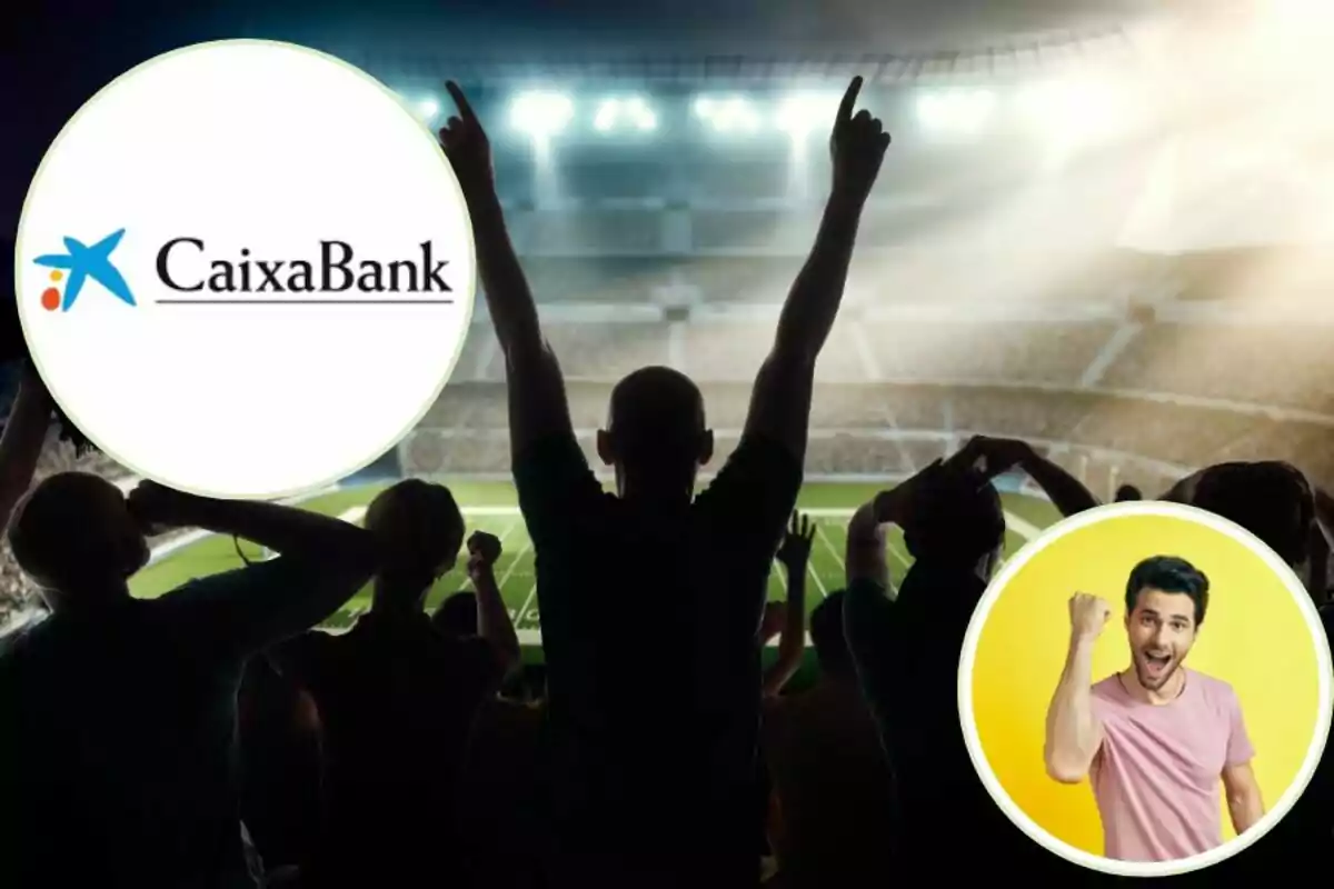 Persones que celebren en un estadi de futbol amb el logotip de CaixaBank i la imatge d'un home emocionat en un cercle.