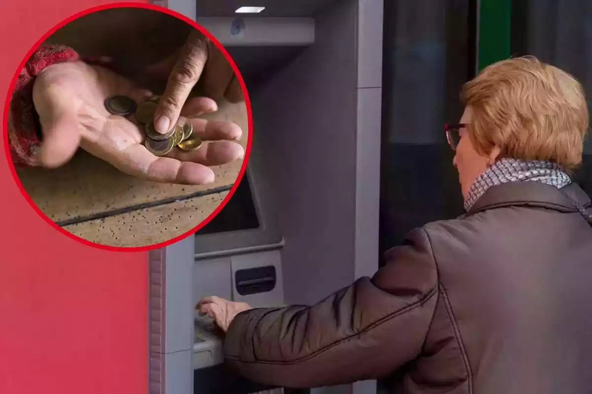 Imatge de fons d'una dona traient diners d'un caixer i una altra d'una persona amb monedes d'euro a la mà