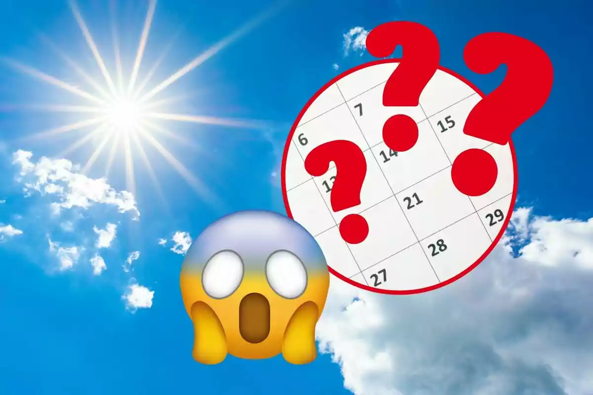 Sol brillant al cel amb un calendari i un emoji de sorpresa.