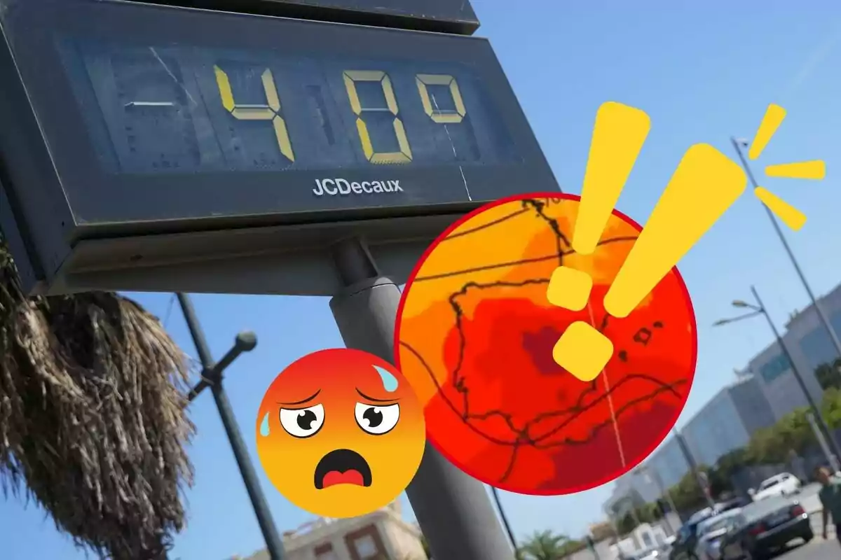 Termòmetre urbà marcant 40 graus Celsius amb emojis que representen calor extrema i un mapa de calor al fons.