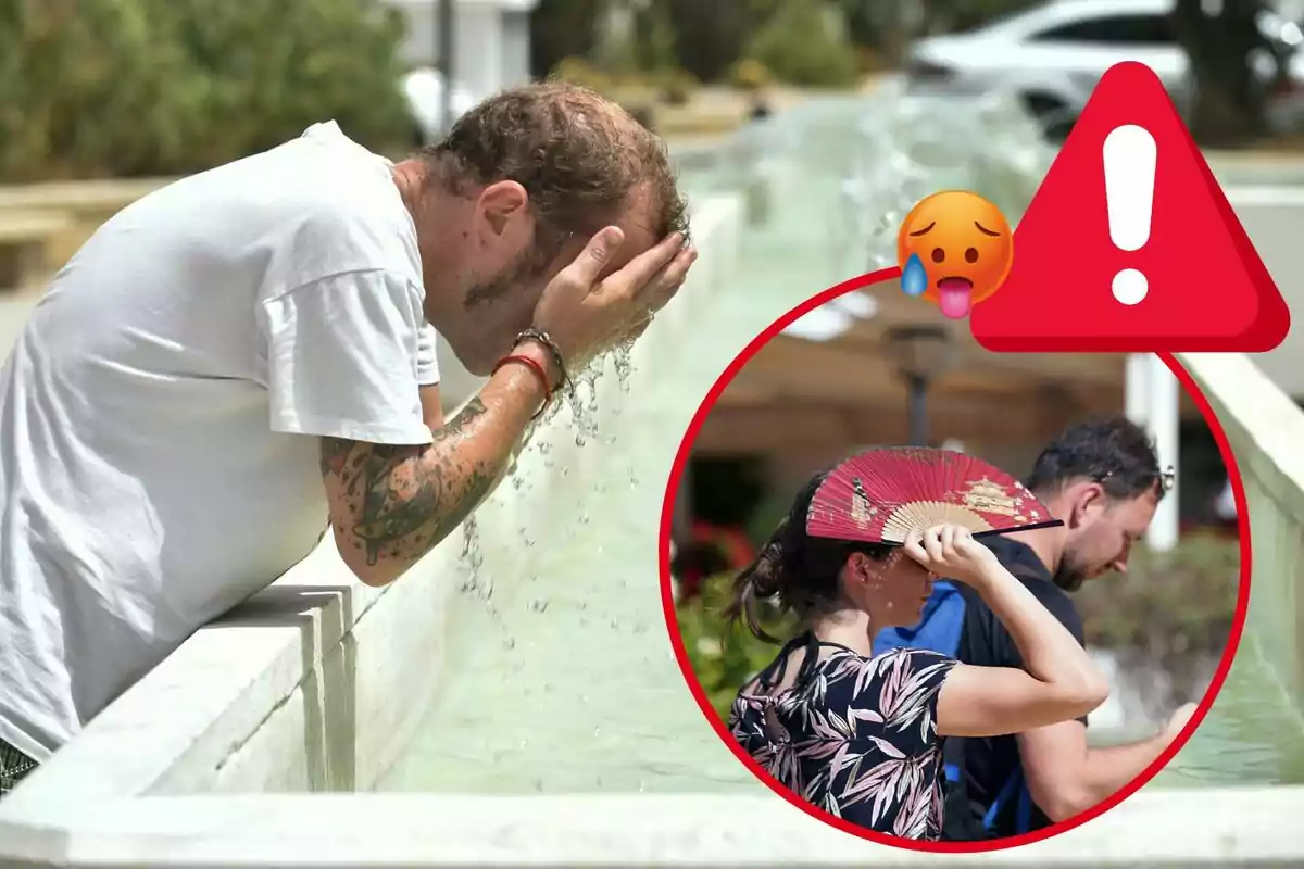 Un hombre se refresca en una fuente mientras una mujer se abanica y un hombre camina bajo el sol, con un símbolo de advertencia y un emoji de calor indicando altas temperaturas
