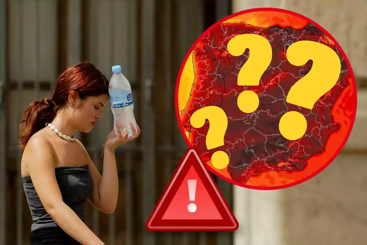 Una dona sosté una ampolla d'aigua al davant mentre un gràfic de mapa de calor amb signes d'interrogació i un símbol d'advertència es mostra al fons. Una dona sosté una ampolla d'aigua al davant mentre un gràfic de mapa de calor amb signes d'interrogació i un símbol d'advertència es mostra al fons.
