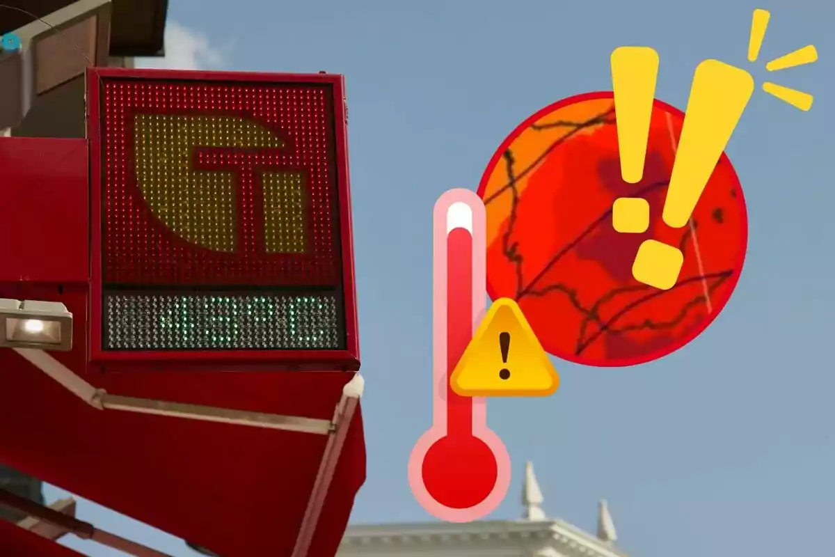 Un rètol digital mostra una temperatura de 43.5°C, acompanyat de gràfics que indiquen una alerta de calor extrema.