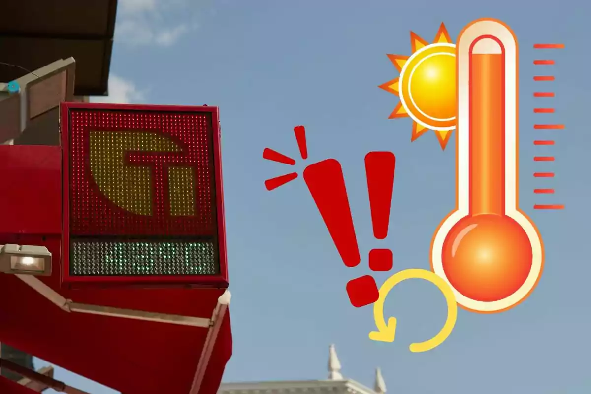 Un rètol digital mostra una temperatura de 43.9°C al costat d'un gràfic d'un termòmetre i un sol indicant calor extrema.