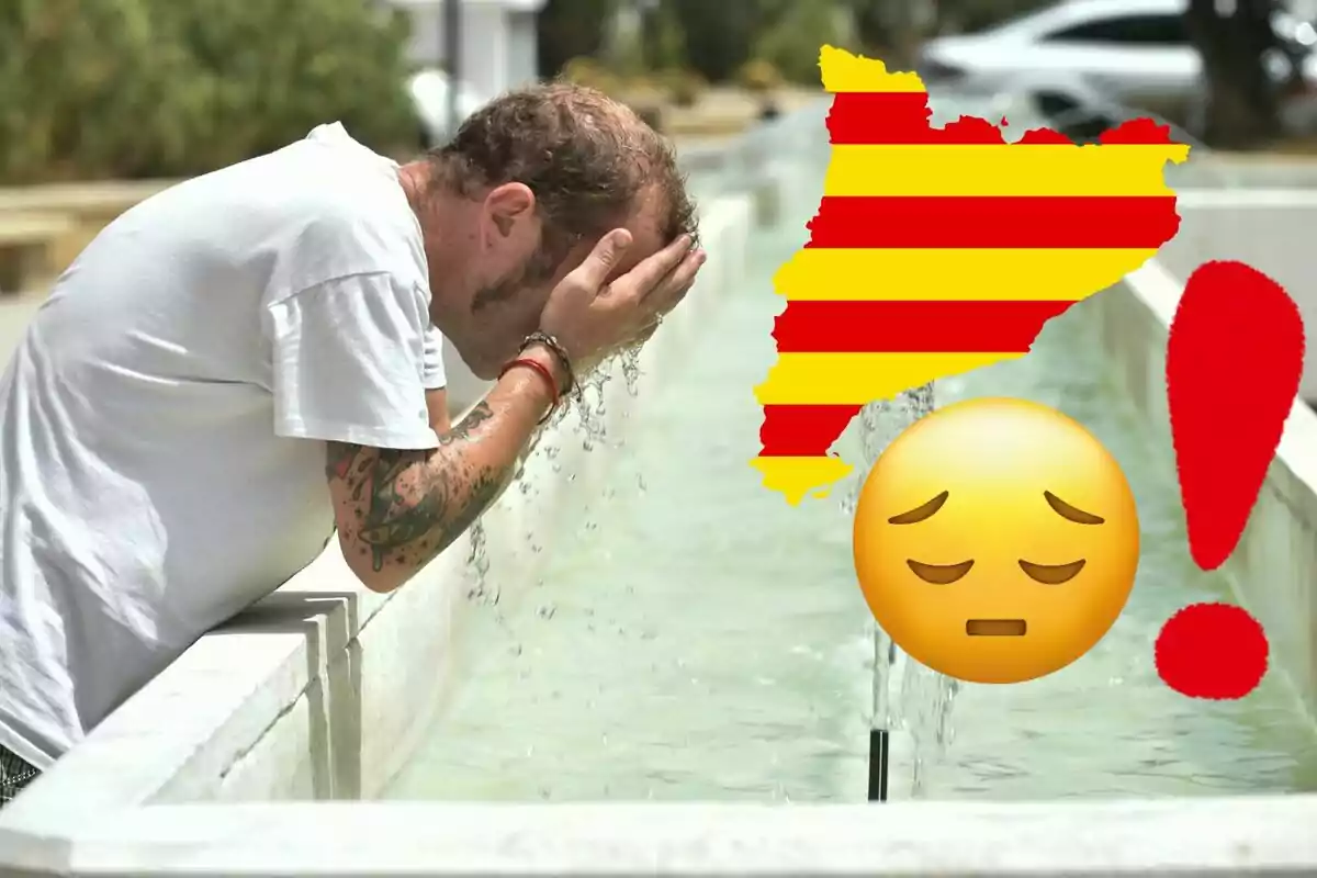 Home refrescant-se a una font amb un mapa de Catalunya, un emoji de cara preocupada i un signe d'exclamació vermell superposats. Home refrescant-se a una font amb un mapa de Catalunya, un emoji de cara preocupada i un signe d'exclamació vermell superposats.