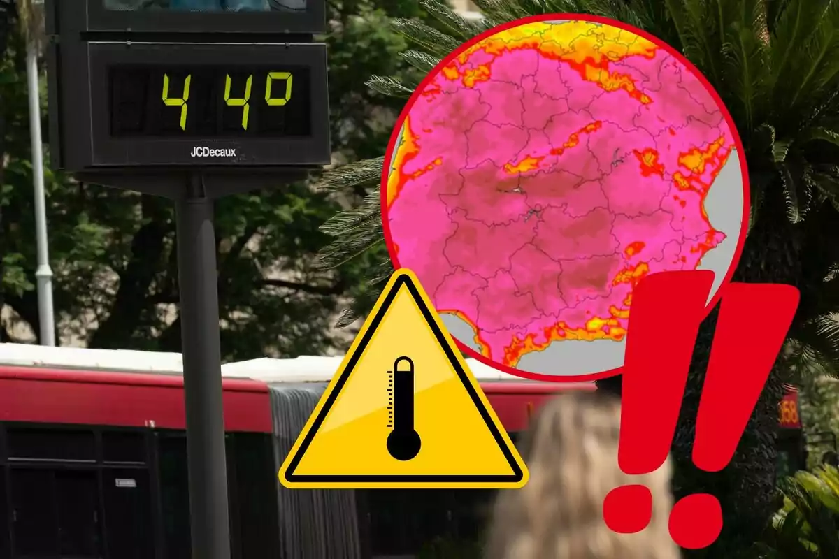 La imatge mostra un termòmetre digital marcant 44 graus Celsius, un mapa de calor amb colors intensos, un símbol d'advertiment de temperatura i signes d'exclamació vermelles.