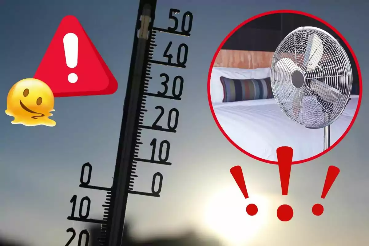 Termòmetre marcant temperatures altes amb un ventilador en una habitació i emojis d'advertència i calor.