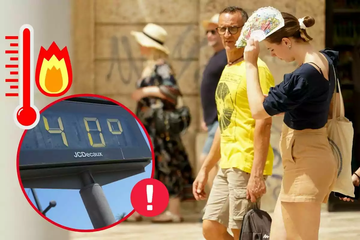 Imatge de fons de diverses persones passejant el 10 d'agost del 2023, a València, amb una dona cobrint-se del sol amb un ventall, i una altra imatge d'un termòmetre al carrer que indica una temperatura de 40 graus