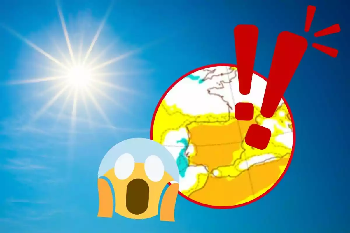 Imatge d´un sol brillant al cel amb un emoji de cara sorpresa i un mapa amb signes d´exclamació vermells.