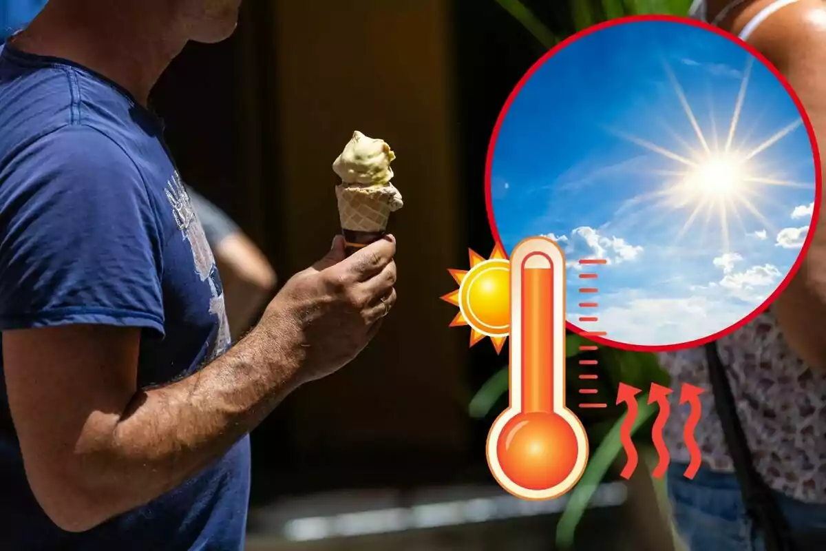 Un home sosté un gelat mentre el sol brilla intensament i un gràfic mostra un termòmetre indicant altes temperatures.