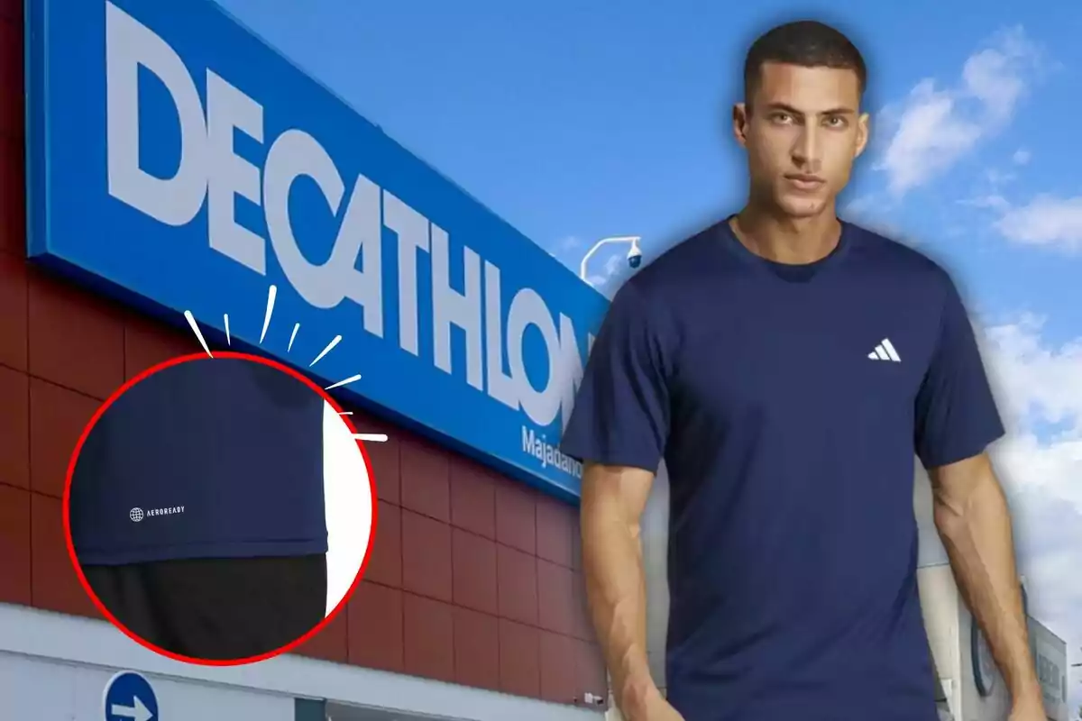 Un home amb una samarreta blava d'Adidas està davant d'una botiga Decathlon, amb un detall ampliat de la tecnologia AEROREADY a la samarreta.