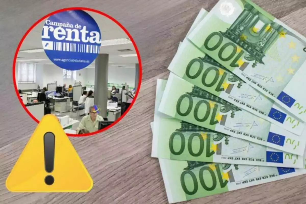 Oficina de la campanya de renda amb bitllets de 100 euros i un símbol d´advertiment.