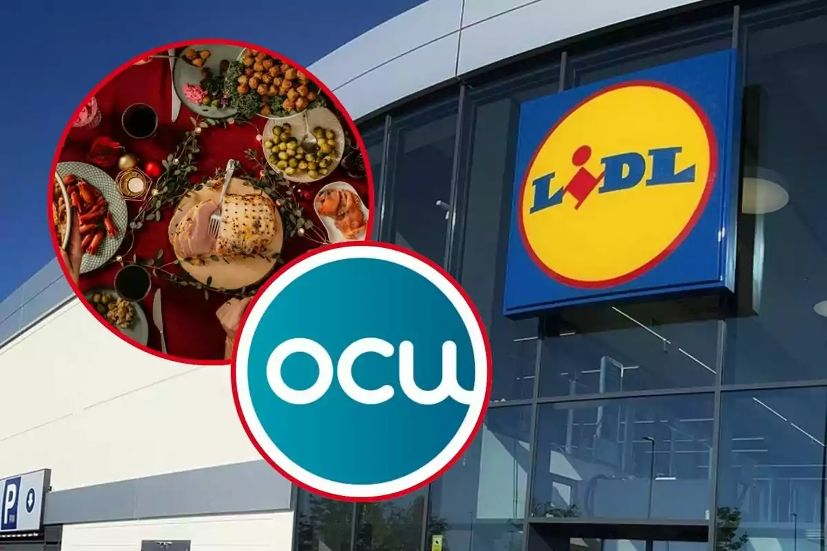 Imagen de la fachada de una tienda Lidl con un logotipo de la OCU y una imagen de una mesa con comida festiva.