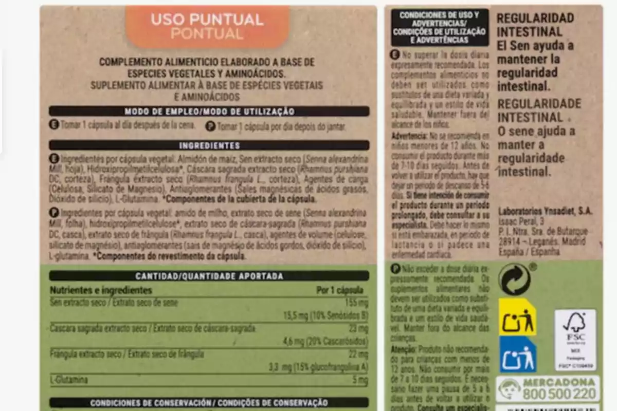 Image of a dietary supplement label made from plant-based sources and amino acids, with instructions for use, ingredients, amount of nutrients and components provided, storage conditions and warnings, as well as information about bowel regularity and manufacturer's data.