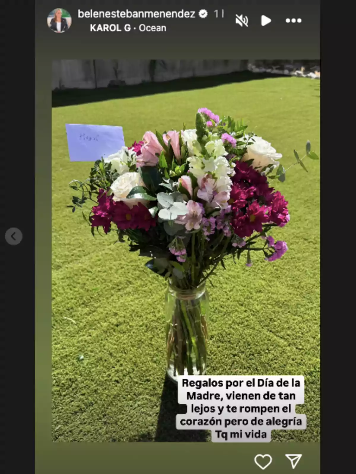 Un ram de flors acolorides en un gerro sobre gespa, acompanyat d'una nota. Un ram de flors acolorides en un gerro sobre gespa, acompanyat d'una nota.