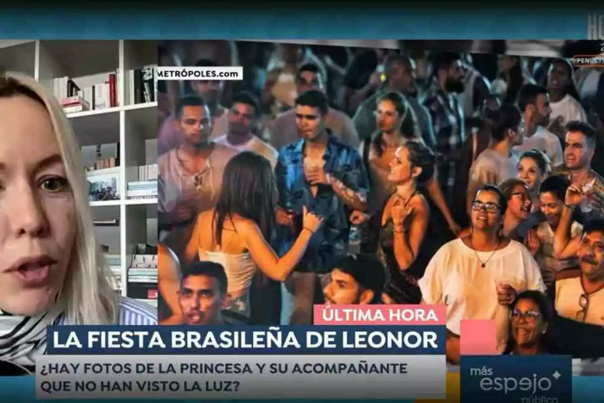 Una dona en una videotrucada apareix a la pantalla al costat d'una imatge d'una festa plena de gent, amb un text que menciona una festa brasilera i pregunta sobre fotos de la princesa Leonor.