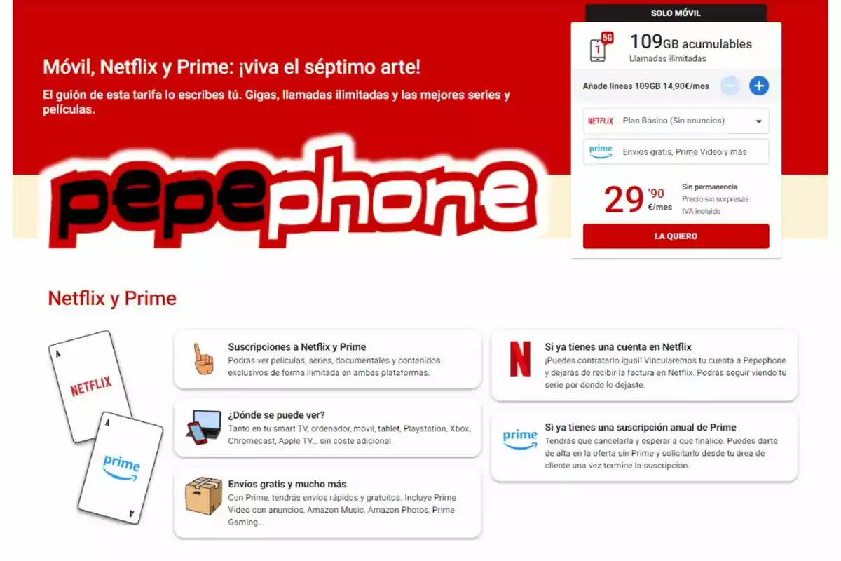 Captura de pantalla de la pàgina web de Pepephone on mostra una de les tarifes.