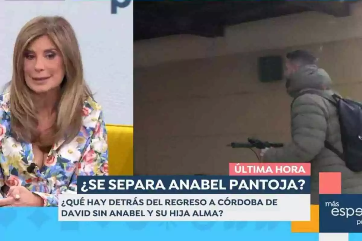 Gema López està asseguda a 'Espejo público', mentre a la pantalla es mostra una imatge d'un home d'esquena amb una jaqueta i motxilla, al costat d'un text que pregunta sobre la possible separació d'Anabel Pantoja. Gema López està asseguda a 'Espejo público', mentre a la pantalla es mostra una imatge d'un home d'esquena amb una jaqueta i motxilla, al costat d'un text que pregunta sobre la possible separació d'Anabel Pantoja.