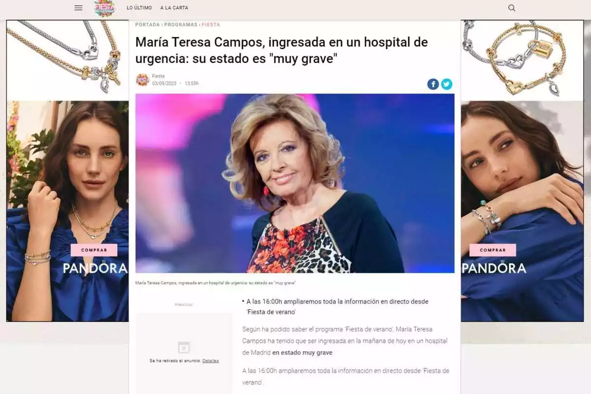 Captura d'una notícia de Telecinco el dia 3 de setembre del 2023 en què comunica l'estat greu de María Teresa Campos