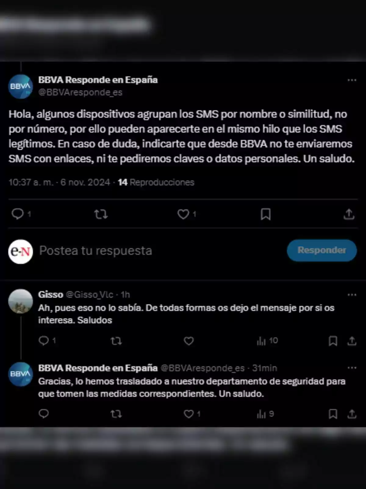 Una conversa a Twitter on BBVA Respon a Espanya explica que alguns dispositius agrupen els SMS per nom o similitud i aclareix que mai no envien SMS amb enllaços ni demanen dades personals. Un usuari respon que no ho sabia i deixa el missatge per si interessa. BBVA agraeix i esmenta que el traslladaran al departament de seguretat.