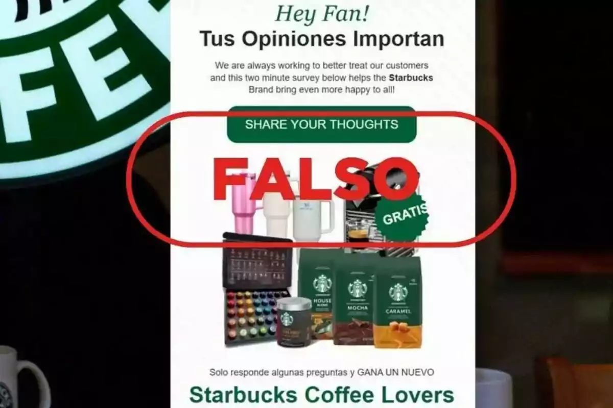 La imatge mostra una suposada enquesta de Starbucks que promet premis gratuïts, però està marcada amb la paraula 