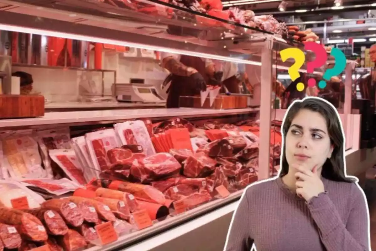 Imatge de fons d'un supermercat on es veu la secció de carn i una altra imatge d'una dona amb gest dubitatiu