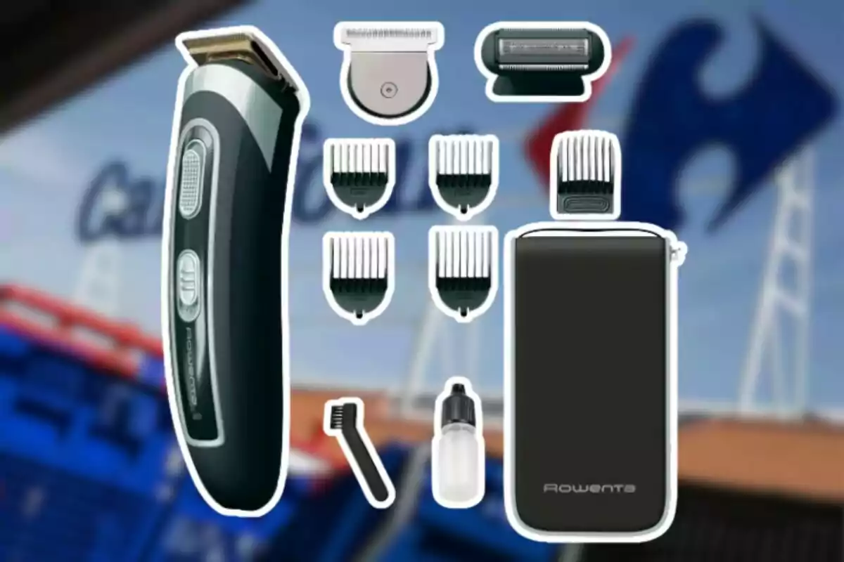 Kit de talladora de cabell i barba amb diversos pintes, accessoris i estoig davant d’un fons desenfocat d’una botiga Kit de talladora de cabell i barba amb diversos pintes, accessoris i estoig davant d’un fons desenfocat d’una botiga