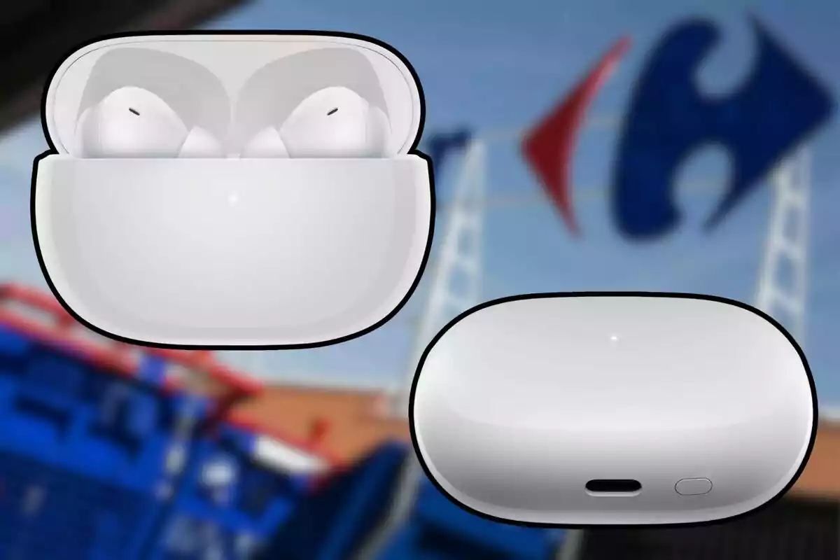Auriculars sense fils blancs amb estoig de càrrega sobre un fons desenfocat de colors blau i vermell Auriculars sense fils blancs amb estoig de càrrega sobre un fons desenfocat de colors blau i vermell