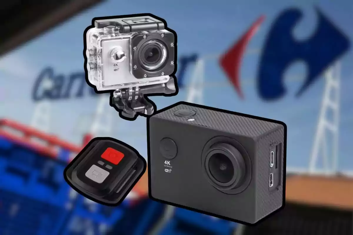 Càmeres d'acció 4K amb control remot sobre un fons desenfocat d'un supermercat. Càmeres d'acció 4K amb control remot sobre un fons desenfocat d'un supermercat.