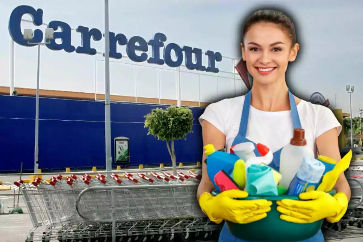 Dona somrient amb guants grocs sosté productes de neteja davant d’un supermercat Carrefour i diversos carretons de compra