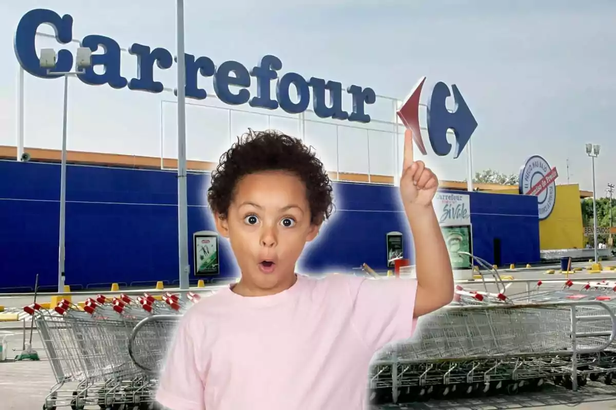 Un nen amb expressió de sorpresa assenyala cap al rètol de Carrefour en un aparcament amb carretons de supermercat.