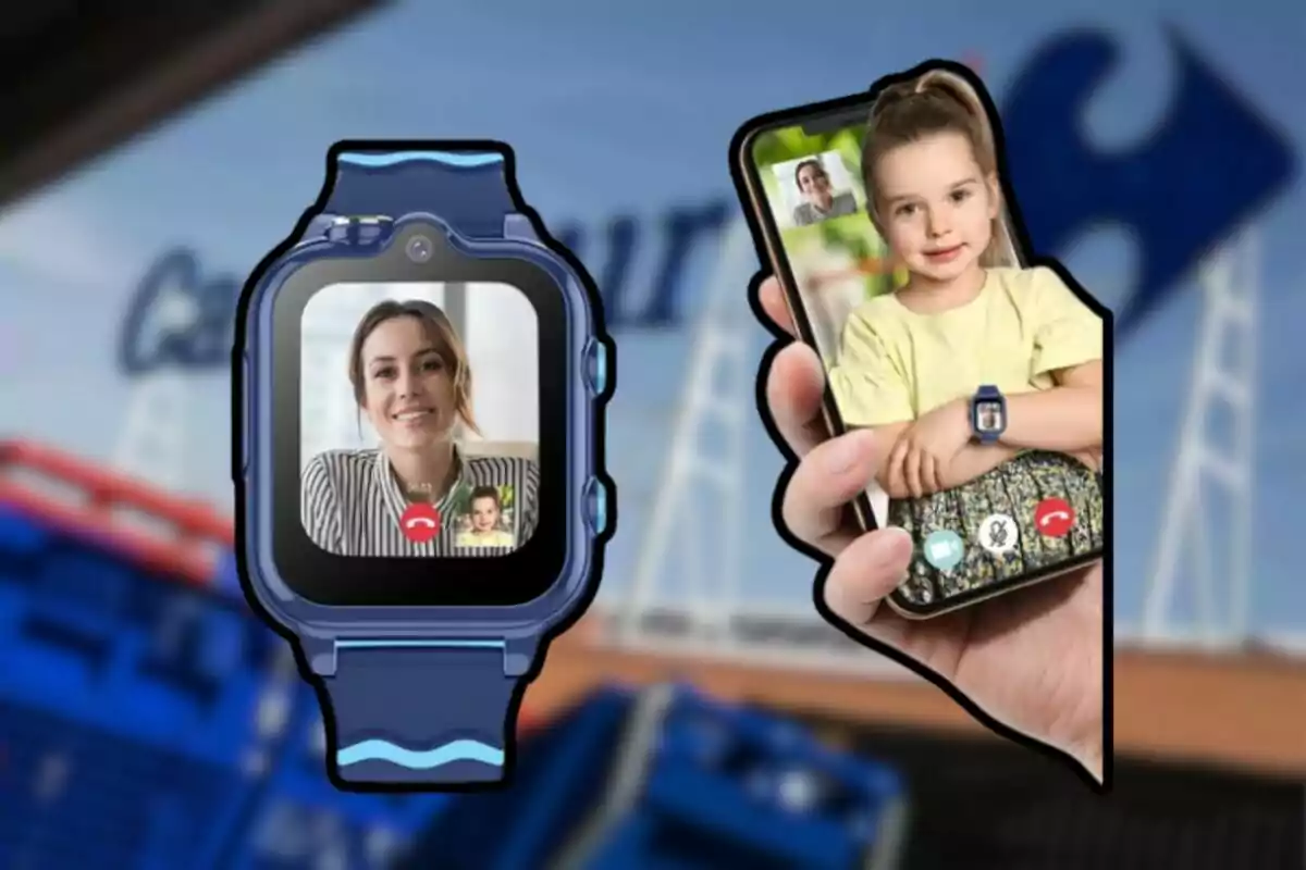 Un rellotge intel·ligent mostra una videotrucada amb una dona somrient, mentre una mà sosté un telèfon mòbil que mostra una nena en una altra videotrucada, amb un fons desenfocat d'un logotip. Un rellotge intel·ligent mostra una videotrucada amb una dona somrient, mentre una mà sosté un telèfon mòbil que mostra una nena en una altra videotrucada, amb un fons desenfocat d'un logotip.