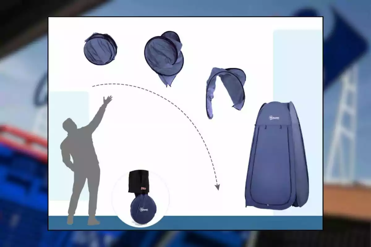 Persona llençant una bossa blava que es desplega i es converteix en una tenda portàtil vertical. Persona llençant una bossa blava que es desplega i es converteix en una tenda portàtil vertical.