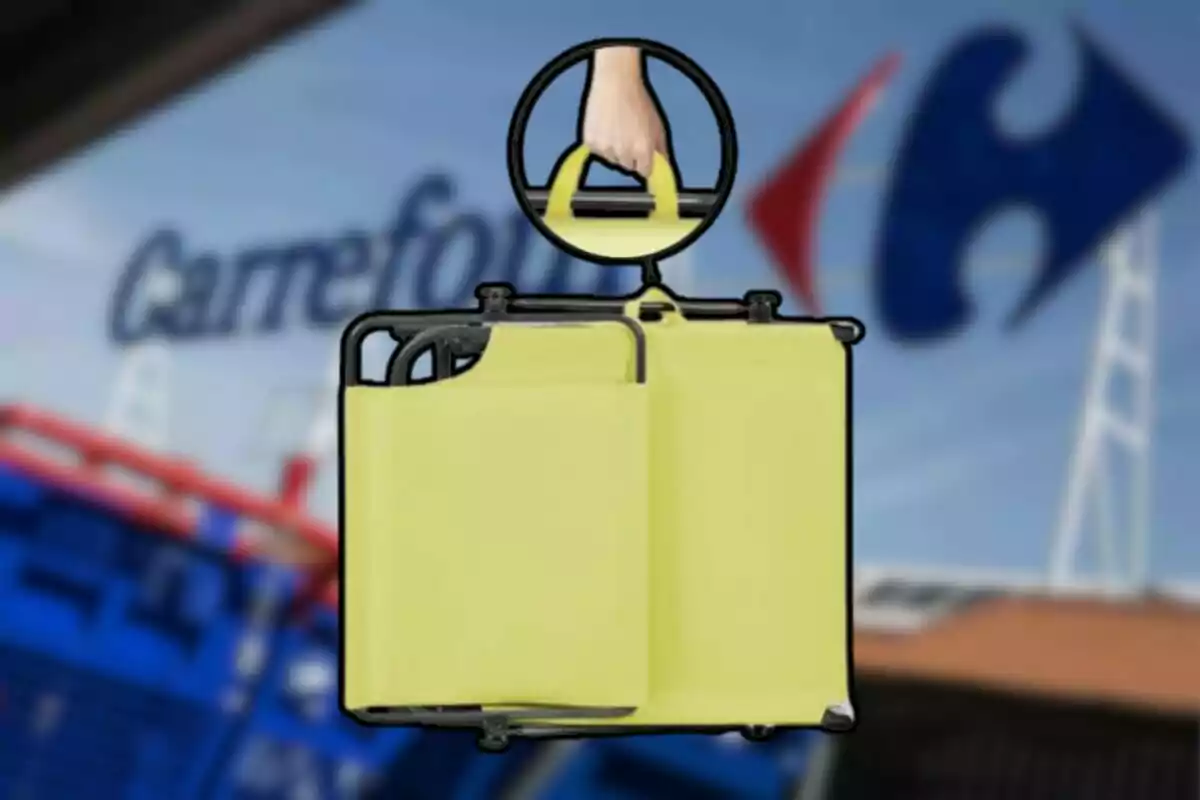 Bossa groga reutilitzable amb nansa negra sostinguda per una mà davant d’un supermercat Carrefour desenfocat Bossa groga reutilitzable amb nansa negra sostinguda per una mà davant d’un supermercat Carrefour desenfocat