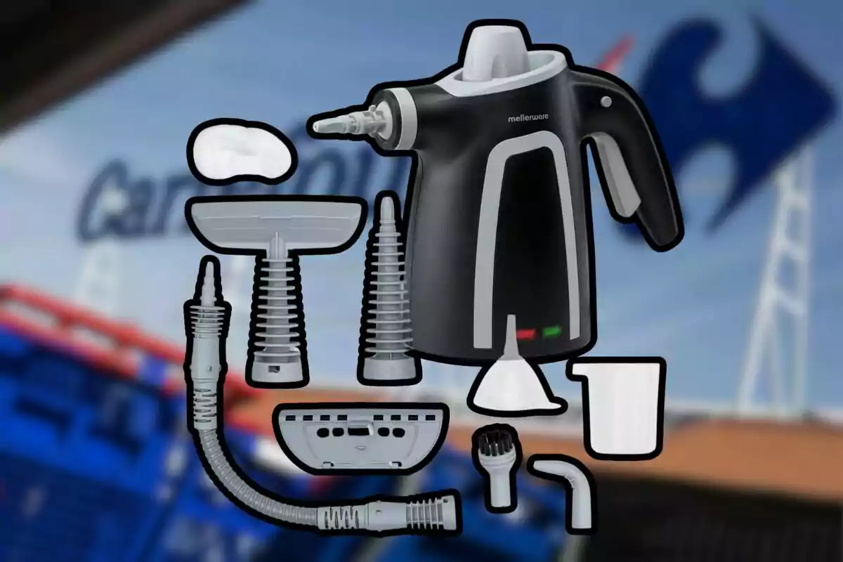 Imatge d'un netejador de vapor portàtil amb diversos accessoris sobre un fons desenfocat d'un supermercat. Imatge d'un netejador de vapor portàtil amb diversos accessoris sobre un fons desenfocat d'un supermercat.