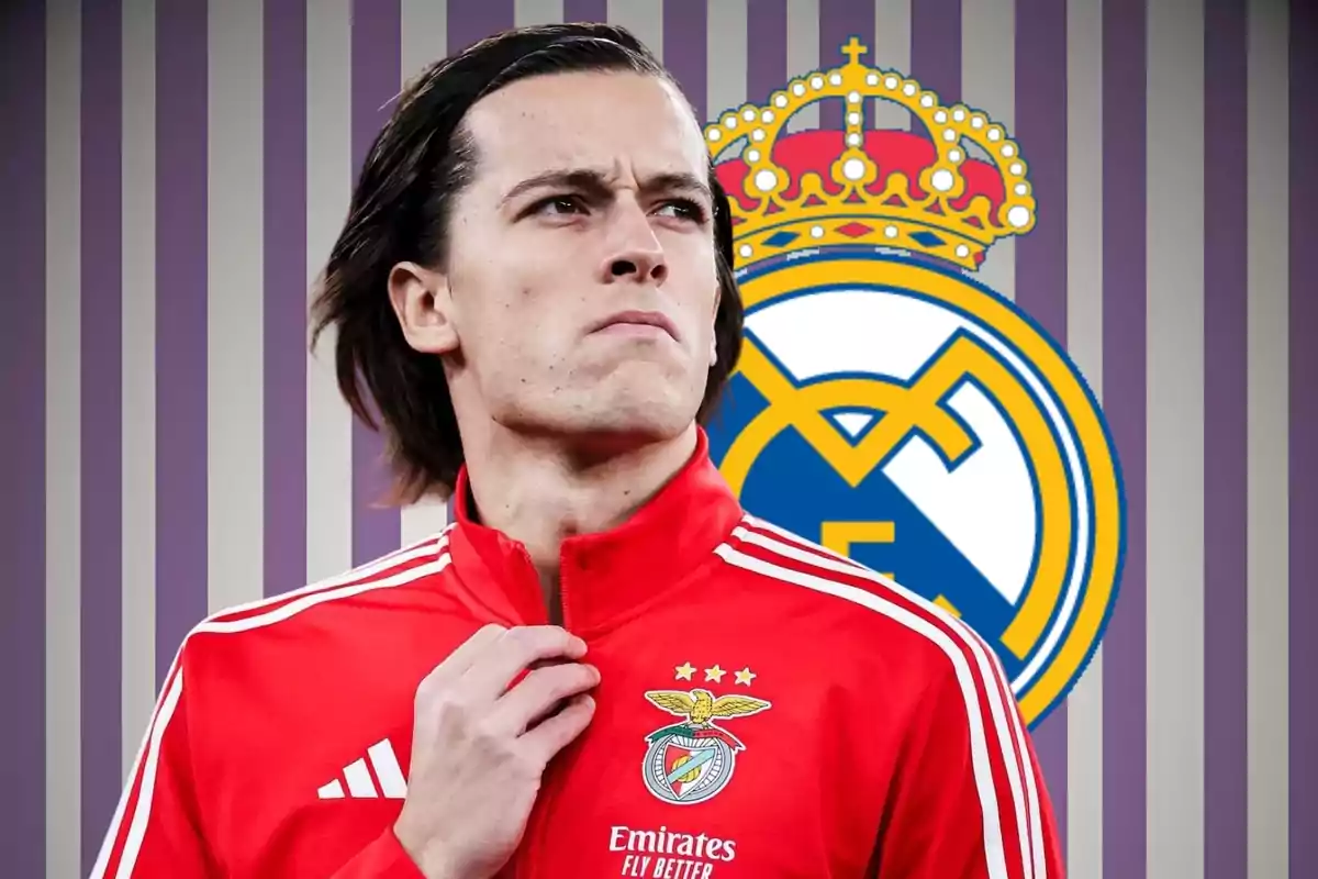 A player in a red Benfica jacket appears in front of a background with the Real Madrid crest.