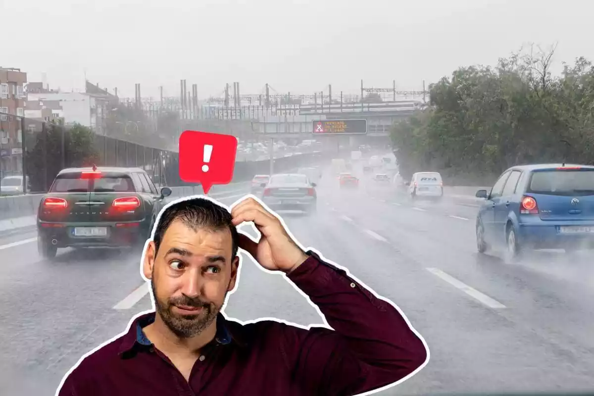 Imatge de fons de diversos cotxes circulant per una carretera amb pluja i tolls, i una altra imatge d'un home amb gest pensatiu, a més d'una emoticona d'exclamació