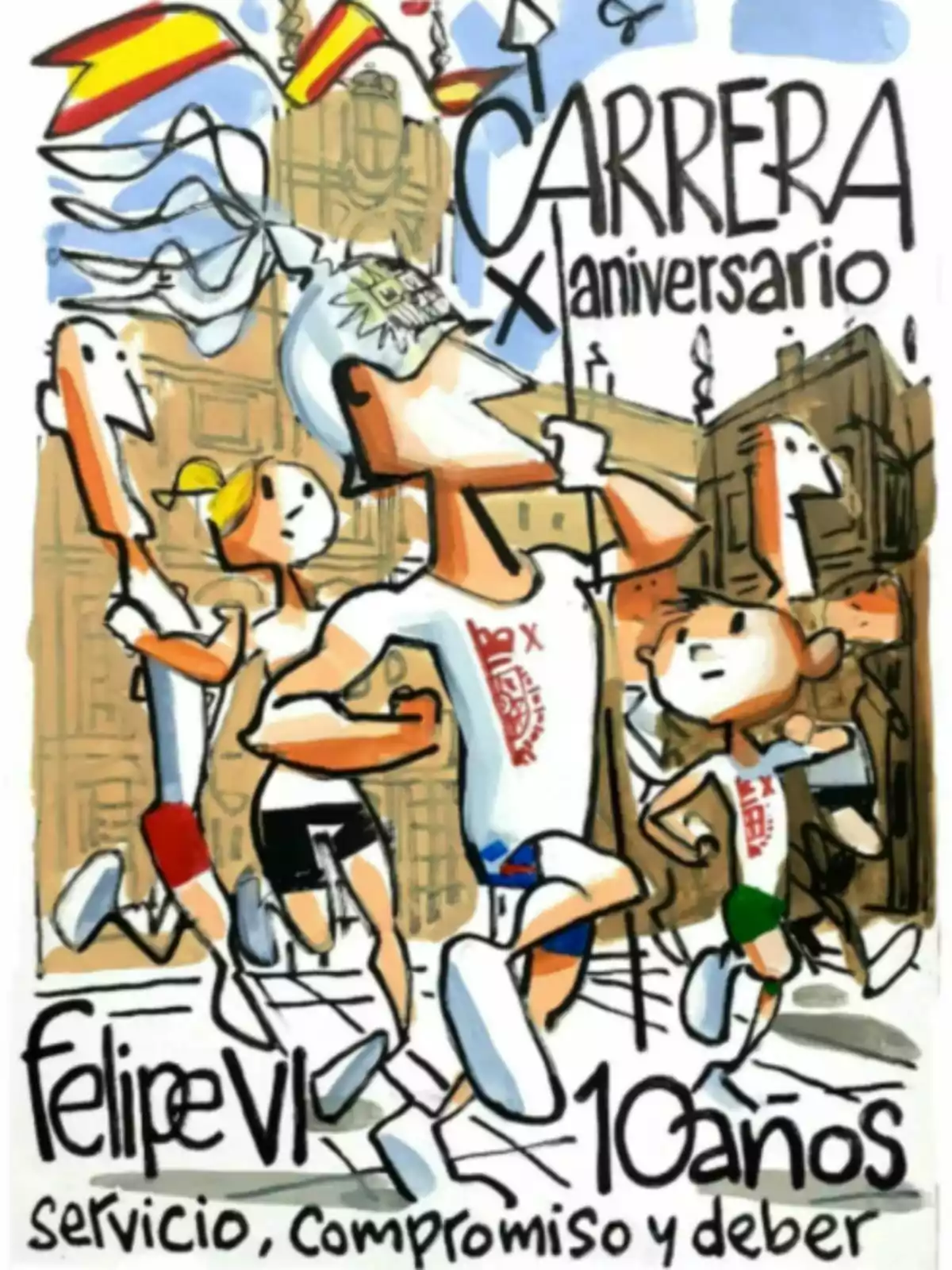 Il·lustració d'una cursa amb corredors en moviment, banderes espanyoles onejant i un fons arquitectònic, amb text que menciona un aniversari i un missatge de servei, compromís i deure. Il·lustració d'una cursa amb corredors en moviment, banderes espanyoles onejant i un fons arquitectònic, amb text que menciona un aniversari i un missatge de servei, compromís i deure.