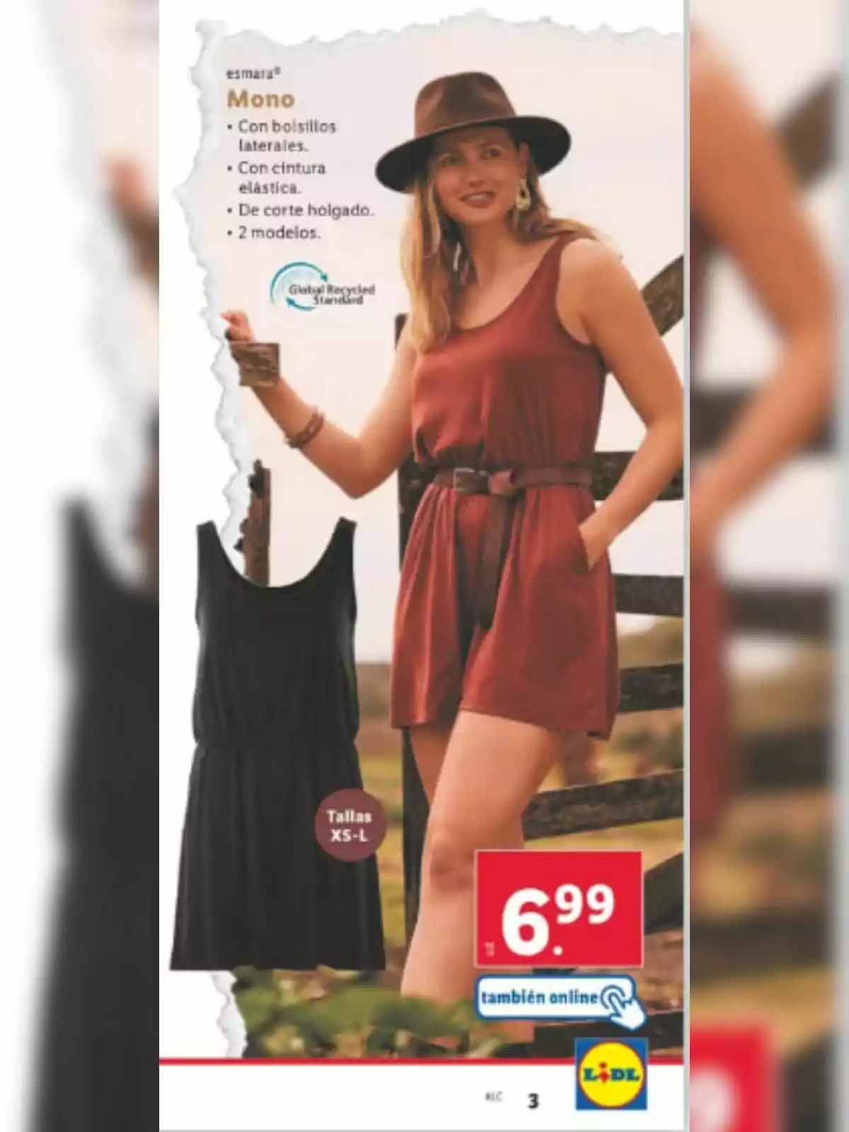 Dona amb un mono curt de color marró amb cinturó i barret de Lidl, al costat de la imatge d’un mono negre, tots dos disponibles en talles XS a L i en oferta a Lidl per 6,99 euros. Dona amb un mono curt de color marró amb cinturó i barret de Lidl, al costat de la imatge d’un mono negre, tots dos disponibles en talles XS a L i en oferta a Lidl per 6,99 euros.