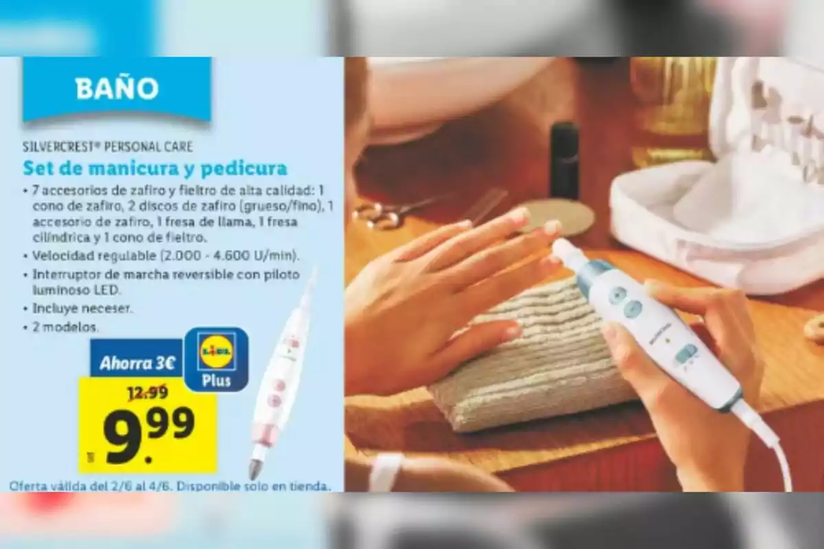 Persona utilitzant un set de manicura i pedicura elèctric sobre una taula de fusta amb accessoris i estoig blanc de Lidl, al costat d’una promoció de preu en un fulletó de botiga. Persona utilitzant un set de manicura i pedicura elèctric sobre una taula de fusta amb accessoris i estoig blanc de Lidl, al costat d’una promoció de preu en un fulletó de botiga.