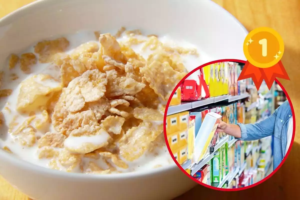 Imatge de fons d´un bol de cereals amb llet i una altra d´una persona agafant cereals d´un supermercat