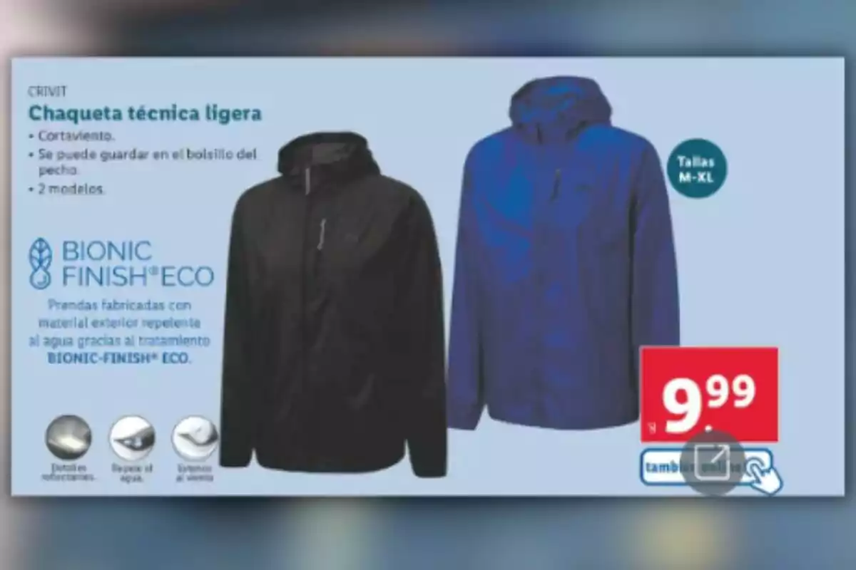 Jaqueta tècnica lleugera de Crivit, paravent, disponible en dos models i talles de la M a la XL, fabricada amb material repel·lent a l'aigua gràcies al tractament Bionic-Finish Eco, preu 9,99. Jaqueta tècnica lleugera de Crivit, paravent, disponible en dos models i talles de la M a la XL, fabricada amb material repel·lent a l'aigua gràcies al tractament Bionic-Finish Eco, preu 9,99.