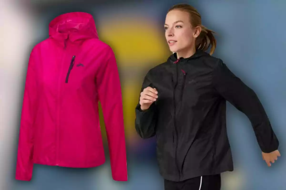 Una jaqueta impermeable rosa amb caputxa es mostra al costat d'una dona que corre amb una jaqueta negra similar. Una jaqueta impermeable rosa amb caputxa es mostra al costat d'una dona que corre amb una jaqueta negra similar.