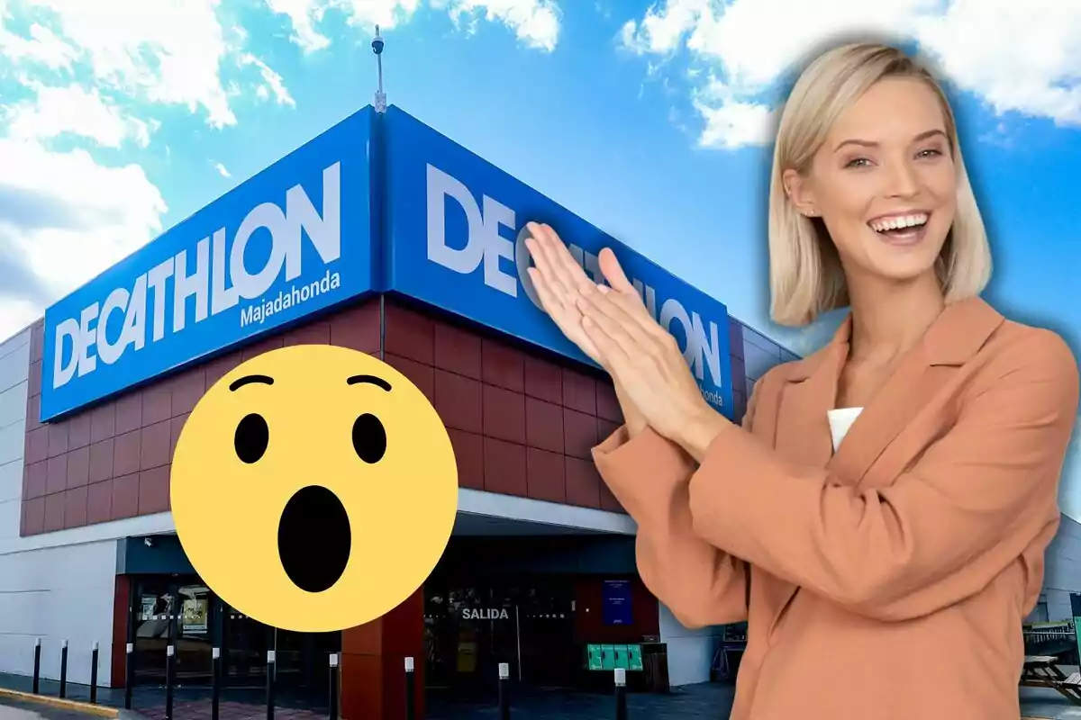 Una dona somrient aplaudeix davant una botiga Decathlon amb un emoji sorprès en primer pla.