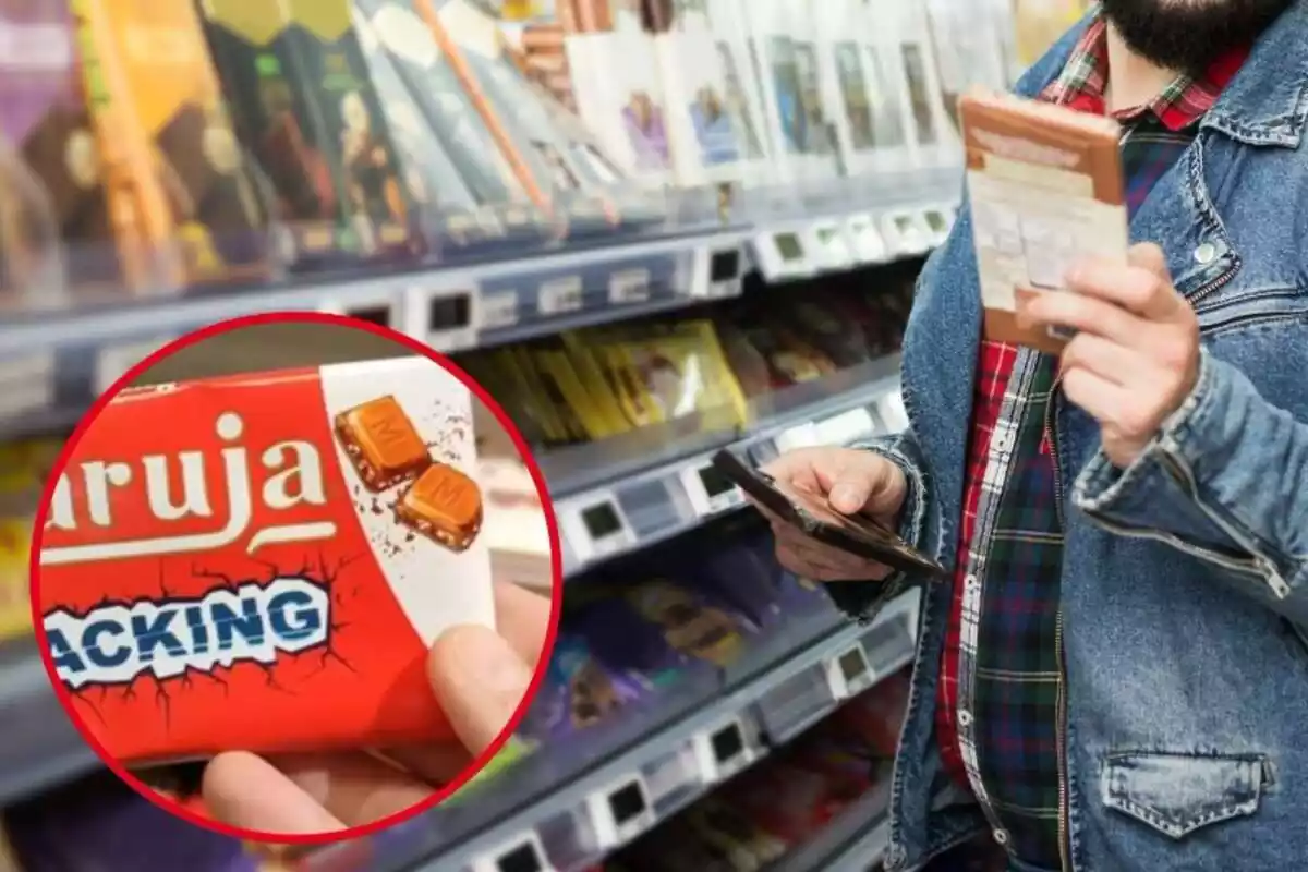Imatge de fons d'una persona comprant a un supermercat i una altra d'una xocolata de la marca Maruja