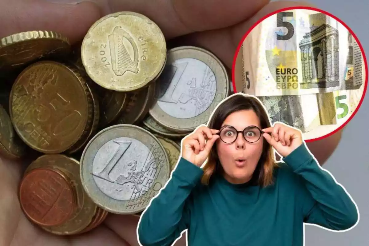 Imatge de fons de diverses monedes d'euros a una mà, una altra imatge de dos bitllets de 5 euros i una darrera imatge d'una dona amb gest sorprès